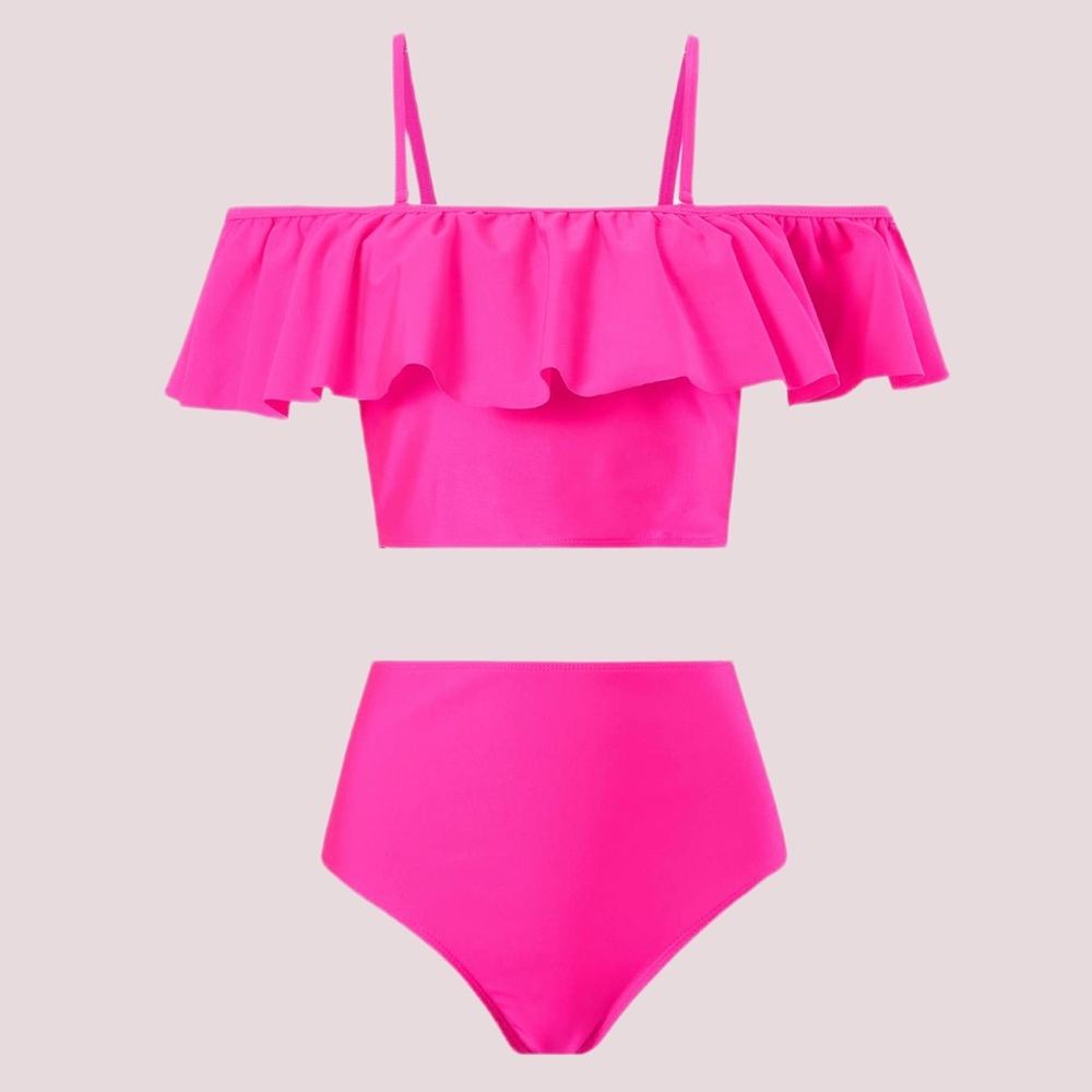 NWOT Kaei&Shi Neon Pink Off the Shoulder High Waisted Flounce Bikini Set - Small